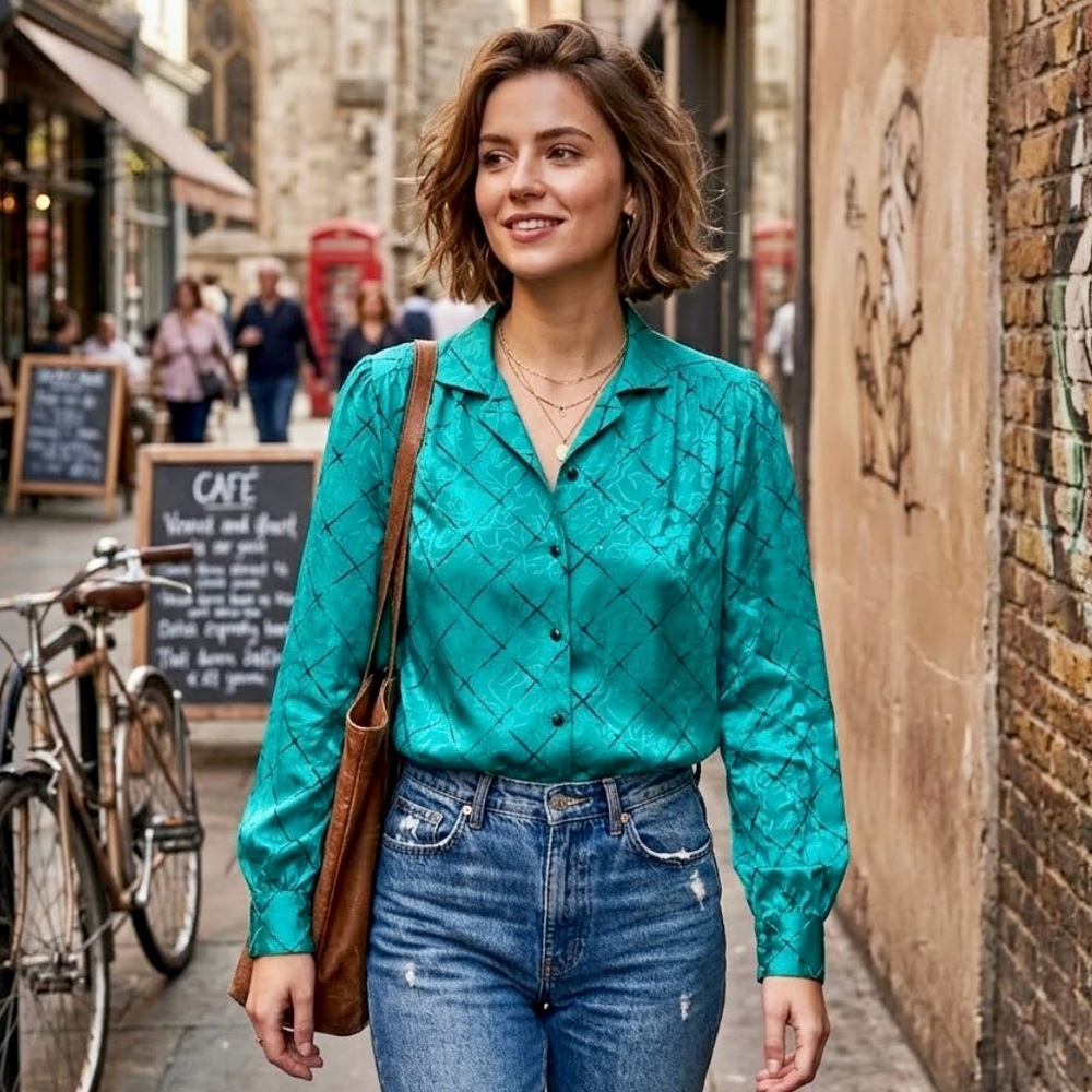 Vintage Teal Patterned Blouse